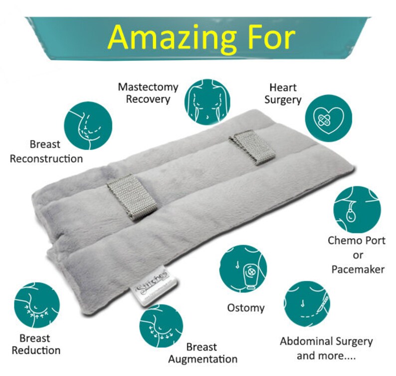 May include: A gray, rectangular pillow with two gray straps, labeled "Stitches." The image includes the text "Amazing For" and illustrations for various medical procedures, including breast reconstruction and heart surgery.