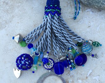 SALE - Tassel Ornament - Beaded - Blue and Aqua - Floral