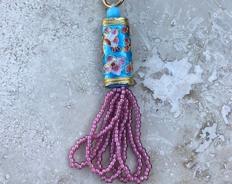 SALE - Keychain Fob Tassel - Zipper Pull - Beaded - Cloisonne - Pink Butterflies