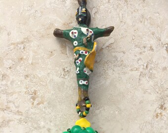 Ceiling Fan/Lamp Ball Chain Beaded Tassel - African Lady - Green - Yellow - Black