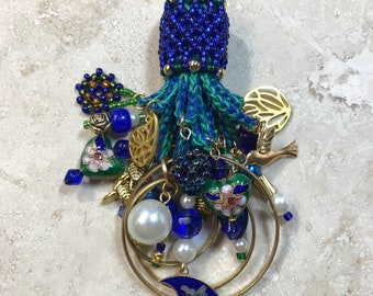 Beaded Tassel Necklace Pendant - Garden Blue Moon - Floral, Birds
