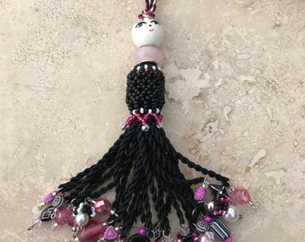 SALE - Ornament Tassel - Beaded - Pink and Black - Girly Girl