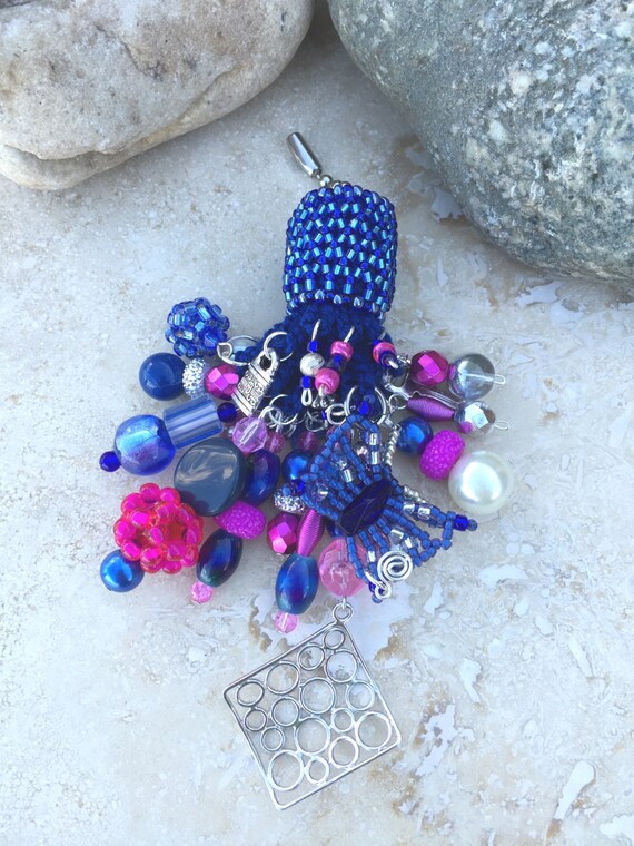 Ceiling Fan Lamp Ball Chain Beaded Tassel Blue And Hot Pink Etsy