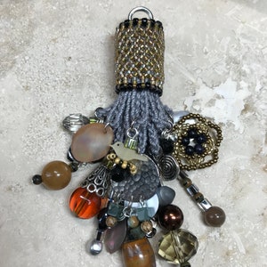 Necklace Pendant - Beaded Tassel - Natural Elegance - Gray/Gold/Earthtones
