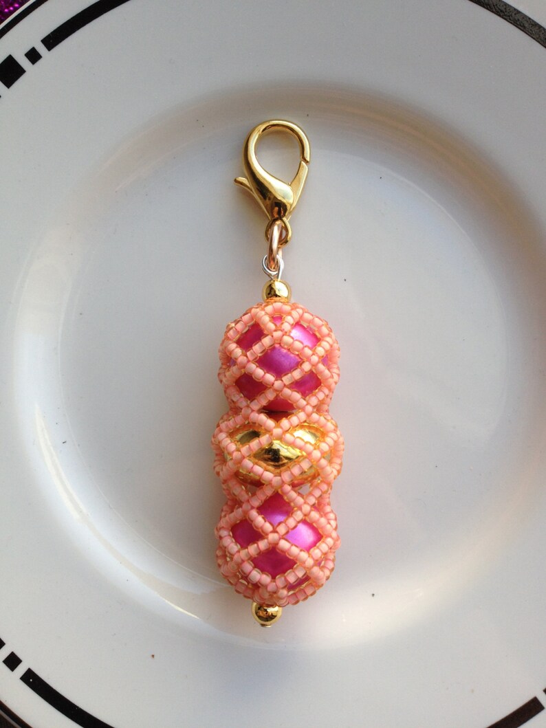 Zipper Pull Fob Hot Pink and Peach Beaded Cage image 1