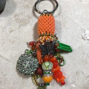 Beaded Tassel Keychain Fob - Heaven is a Garden - Orange, Green, Silver