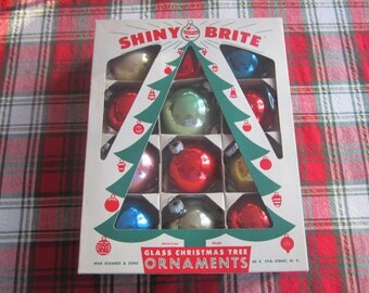 Box of Twelve Shiny Brite Christmas Ornaments Multi Colored Vintage Shiny Brites