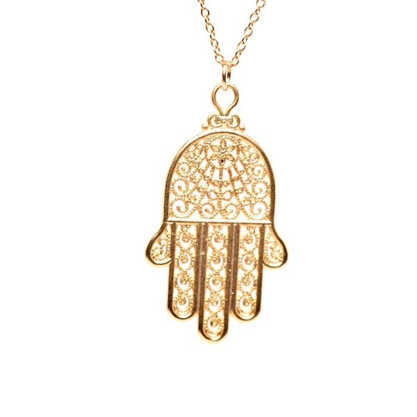 Hamsa necklace, gold hamsa charm, protection necklace, hand of god, amulet necklace, filigree design pendant, yoga jewelry, bohemian jewelry