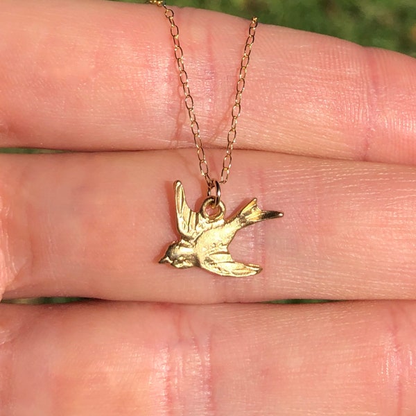 Sparrow necklace, little bird necklace in gold, swallow necklace, flying bird jewelry, a gold vermeil sparrow on a 14K gold vermeil chain