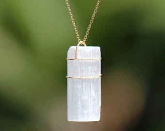Selenite Wand Necklace: Raw Crystal Pendant, 14k Gold Filled Chain