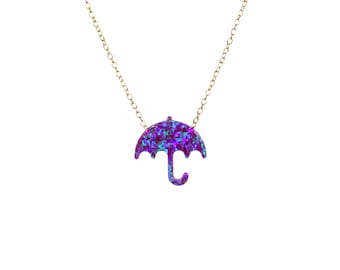 Umbrella Necklace: Purple Opal Rain Pendant, Dainty 14k Gold Filled Chain
