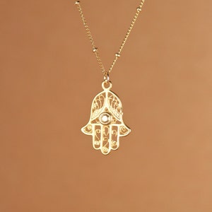 Hamsa necklace - gold hamsa charm - protection - amulet - a filigree style 14k gold vermeil hamsa on a 14k gold filled satellite chain