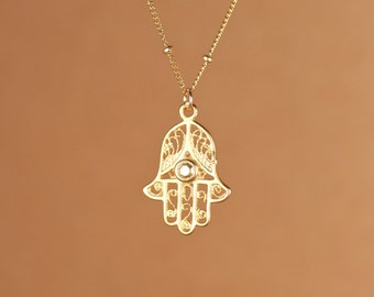 Hamsa Necklace: Hand of Gold Protection Amulet, 14k Gold Filled Satellite Chain