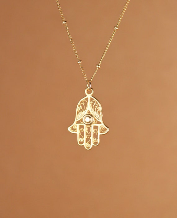 Hamsa necklace - gold hamsa charm - protection - amulet - a filigree style 14k gold vermeil hamsa on a 14k gold filled satellite chain