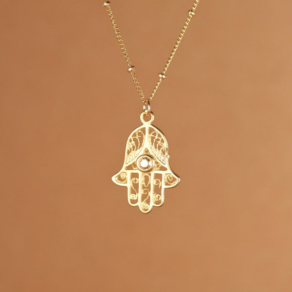 Hamsa necklace - gold hamsa charm - protection - amulet - a filigree style 14k gold vermeil hamsa on a 14k gold filled satellite chain