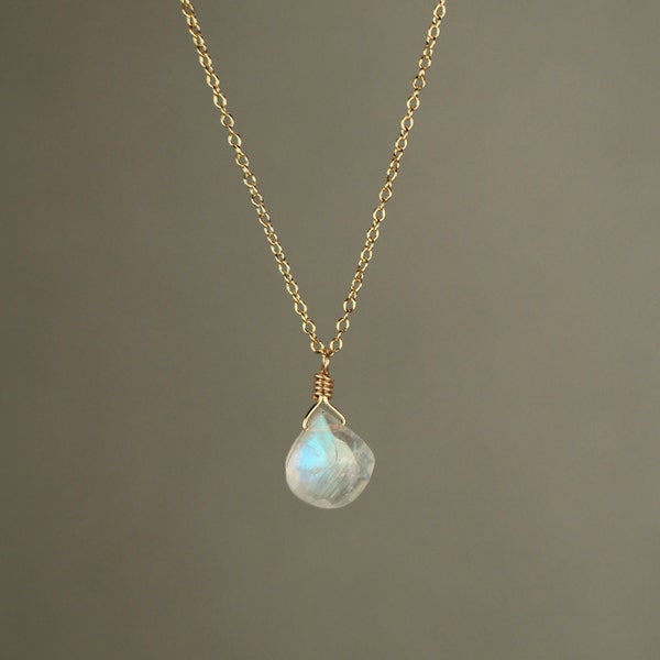 Moonstone Necklace: June Birthstone, Teardrop Rainbow Crystal, 14k Gold Filled Chain