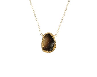 Raw Black Druzy Necklace: 14k Gold Filled Chain, Dainty Crystal Pendant