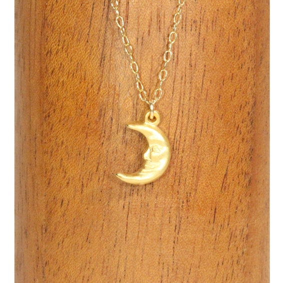 Moon necklace, gold moon pendant, smiling moon jewelry, celestial necklace, happy necklace, a gold moon charm on a 14k gold filled chain