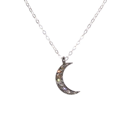 Diamond moon necklace, dainty crescent moon jewelry, celestial, dainty diamond necklace, a pave diamond moon slice on sterling silver chain