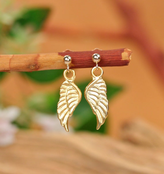 Gold wing earrings, angel wings, fairy wing earrings, cute gold earrings, gold dangle earrings, gold wing jewelry, gold filled earrings