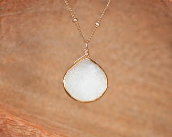 White druzy necklace - teardrop necklace - gold filled satellite chain necklace - raw crystal necklace