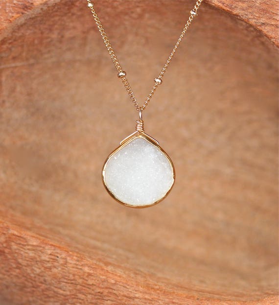 White druzy necklace - teardrop necklace - gold filled satellite chain necklace - raw crystal necklace