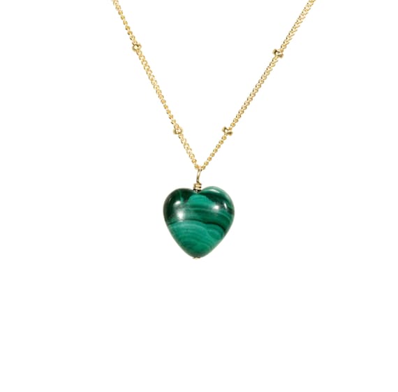 Malachite necklace, heart necklace, green stone pendant, love necklace, crystal necklace, gift for her on a 14k gold filled satellite chain