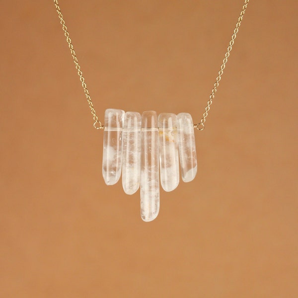 Crystal bib necklace - quartz necklace - healing crystal necklace - a row of 5 polished quartz crystal wands on 14k gold filled chain
