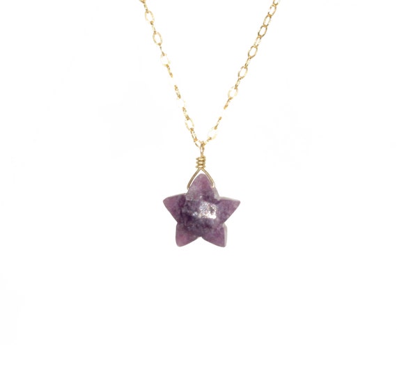 Crystal necklace, lepidolite necklace, purple stone pendant, star necklace, a purple lepidolite crystal on a 14k gold filled chain