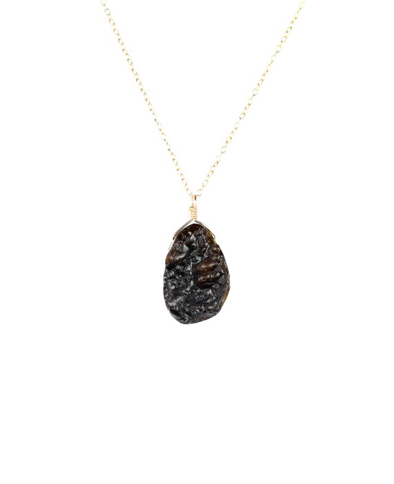 Tektite necklace, Meteor necklace, black moon rock necklace, lava rock, a wire wrapped black tektite hanging from a 14k gold filled chain