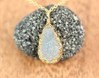 Druzy necklace, raw crystal necklace, white drusy pendant,  sparkly crystal necklace, a 14k gold lined druzy on a 14k gold filled chain