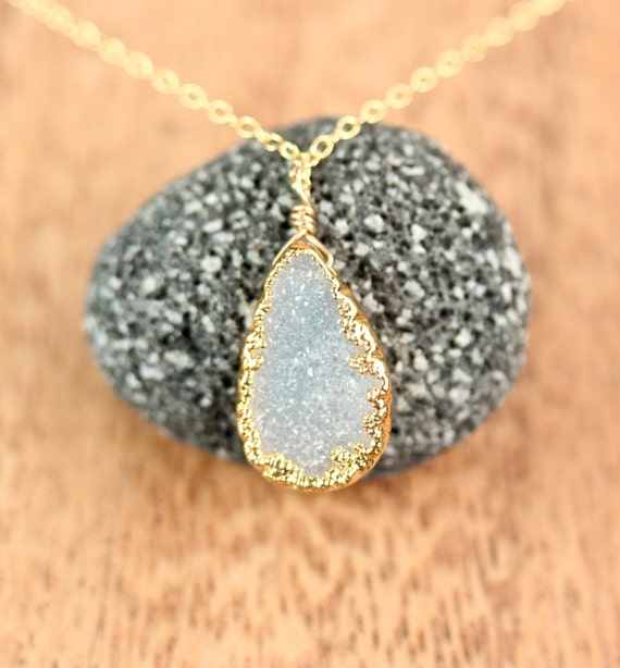 Druzy necklace, raw crystal necklace, white drusy pendant,  sparkly crystal necklace, a 14k gold lined druzy on a 14k gold filled chain