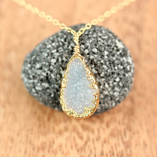 Druzy necklace, raw crystal necklace, white drusy pendant,  sparkly crystal necklace, a 14k gold lined druzy on a 14k gold filled chain