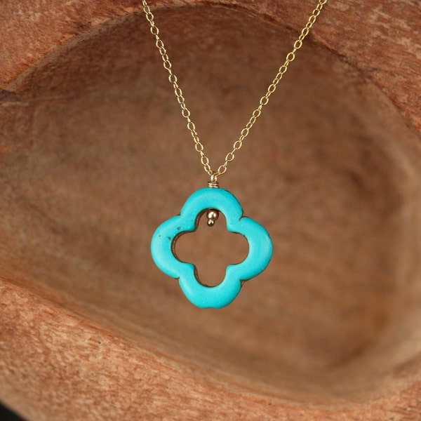 Clover necklace, turquoise pendant necklace, quatrefoil necklace, lucky charm, gift for mom, a turquoise clover on a 14k gold vermeil chain