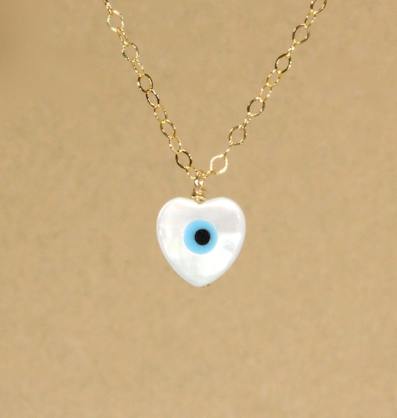 Evil eye necklace, heart eye pendant, mother of pearl heart necklace, loving eye, boho necklace, a sea shell heart on 14k gold filled chain