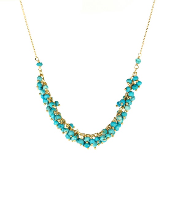 Turquoise necklace - turquoise beaded necklace - bib necklace - a bundle of wire wrapped turquoise beads on a 14k gold vermeil chain