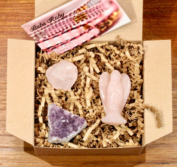 Rose quartz angel gift set, healing crystal gift box, raw amethyst, druzy crystals, angel stone, gift for her, set of healing stones,