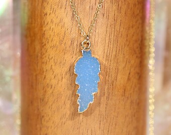 Gold leaf necklace, fern leaf pendant, blue crystal necklace, baby blue druzy, nature jewelry, sparkle layering necklace, gift for mom