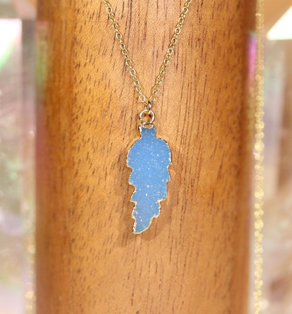 Gold leaf necklace, fern leaf pendant, blue crystal necklace, baby blue druzy, nature jewelry, sparkle layering necklace, gift for mom