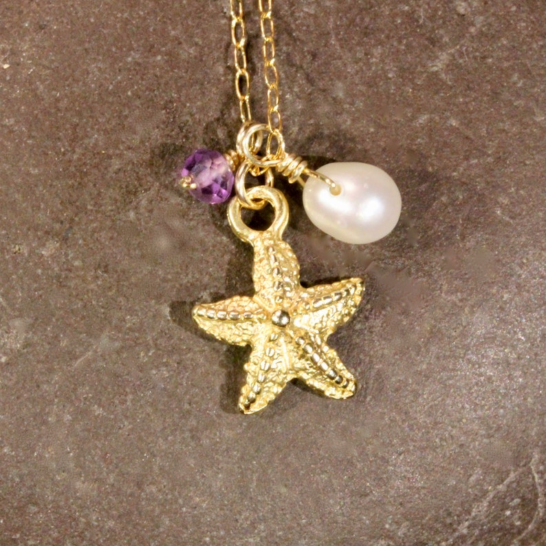 14k gold filled chain Starfish and pearl necklace ocean lover gold sea star pendant surfer amethyst necklace tropical beach necklace