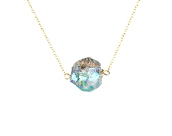 Raw crystal necklace - aqua aura crystal necklace - a rainbow blue quartz crystal nugget wire wrapped onto a 14k gold vermeil chain - T14