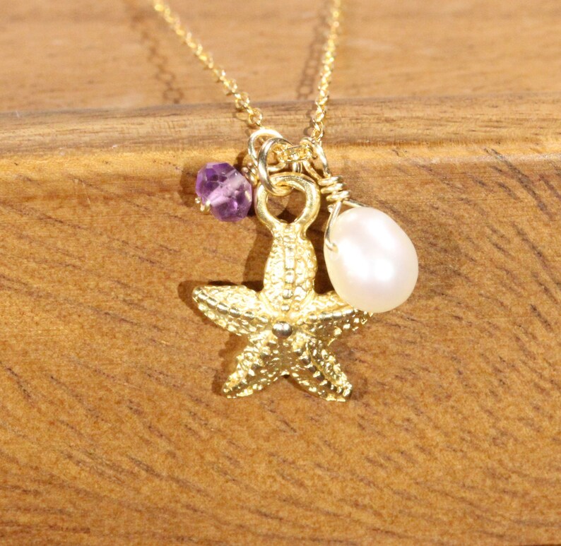 14k gold filled chain Starfish and pearl necklace ocean lover gold sea star pendant surfer amethyst necklace tropical beach necklace