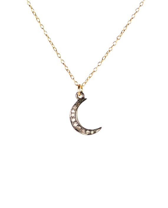 Diamond moon necklace, pave diamond necklace, diamond charm, tiny diamonds pendant, crescent moon, moon jewelry