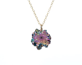 Solar quartz necklace - titanium aura quartz crystal - raw crystal necklace - purple aura crystal - raw crystal on a 14k gold vermeil chain