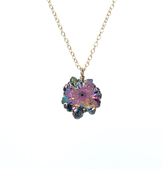 Solar quartz necklace - titanium aura quartz crystal - raw crystal necklace - purple aura crystal - raw crystal on a 14k gold filled chain