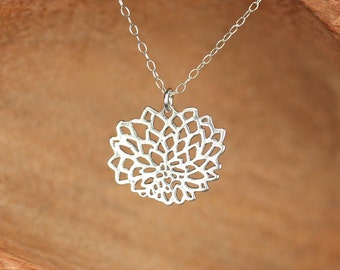 Peony necklace, blooming lotus flower necklace, yoga jewelry, flower outline, a silver flower pendant on a sterling silver chain