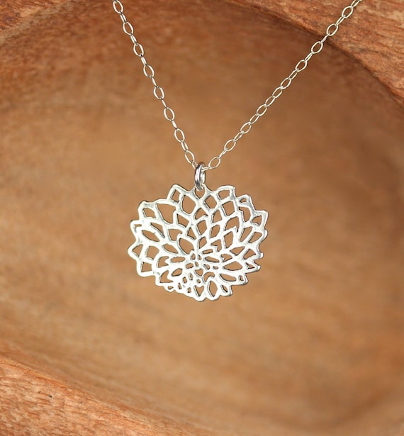Peony necklace, blooming lotus flower necklace, yoga jewelry, flower outline, a silver flower pendant on a sterling silver chain