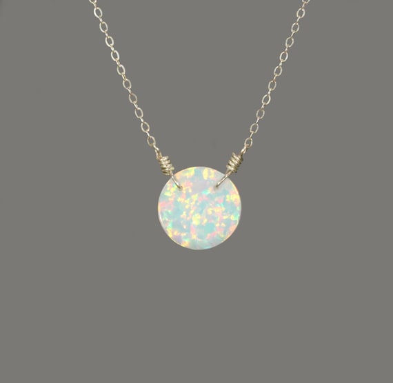 Opal circle necklace, fire opal disc necklace, sparkly silver necklace, opal dot necklace, dainty sterling silver chain