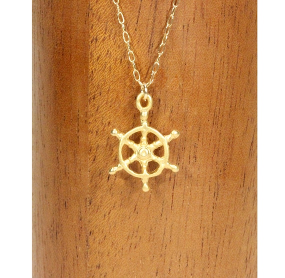 Ship wheel necklace, navy wife necklace, captains wheel, nautical necklace, boating jewelry, a gold vermeil wheel on a 14k gold filled chain