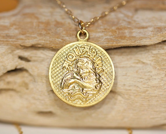 Aquarius necklace, horoscope necklace, zodiac necklace, january birthday, February birthday, gold coin